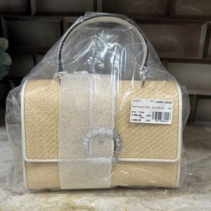 Jimmy Choo Natural Raffia Satchel with Crystal Buckle & Cream Trim